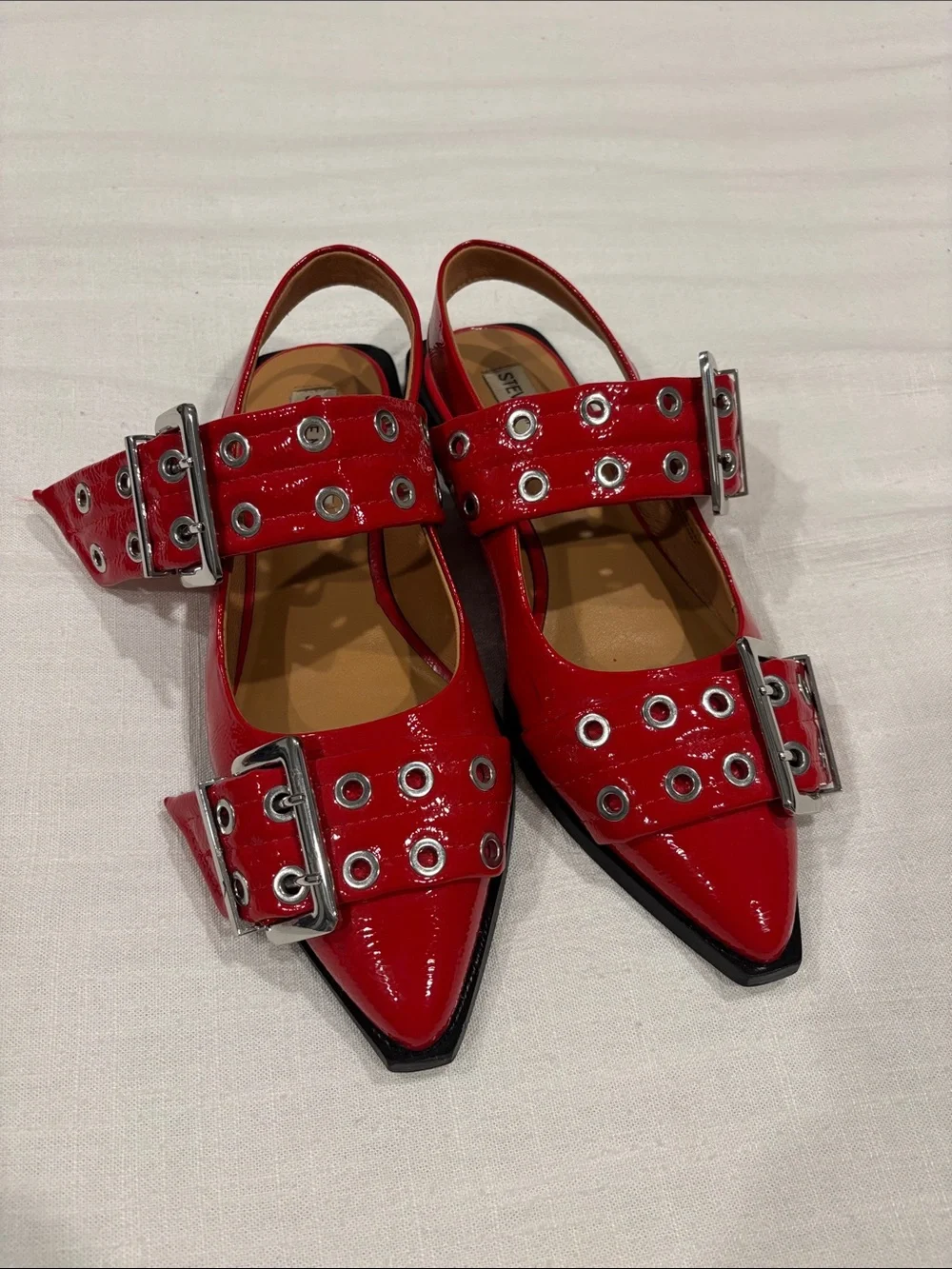 Red Steve Madden Slingback Pointed Flats with Grommet Buckles
